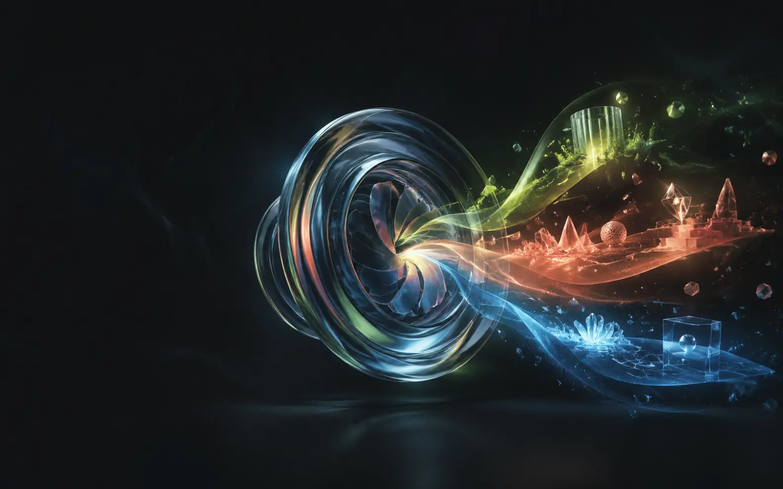 Abstract glass lens releasing three luminous visual worlds