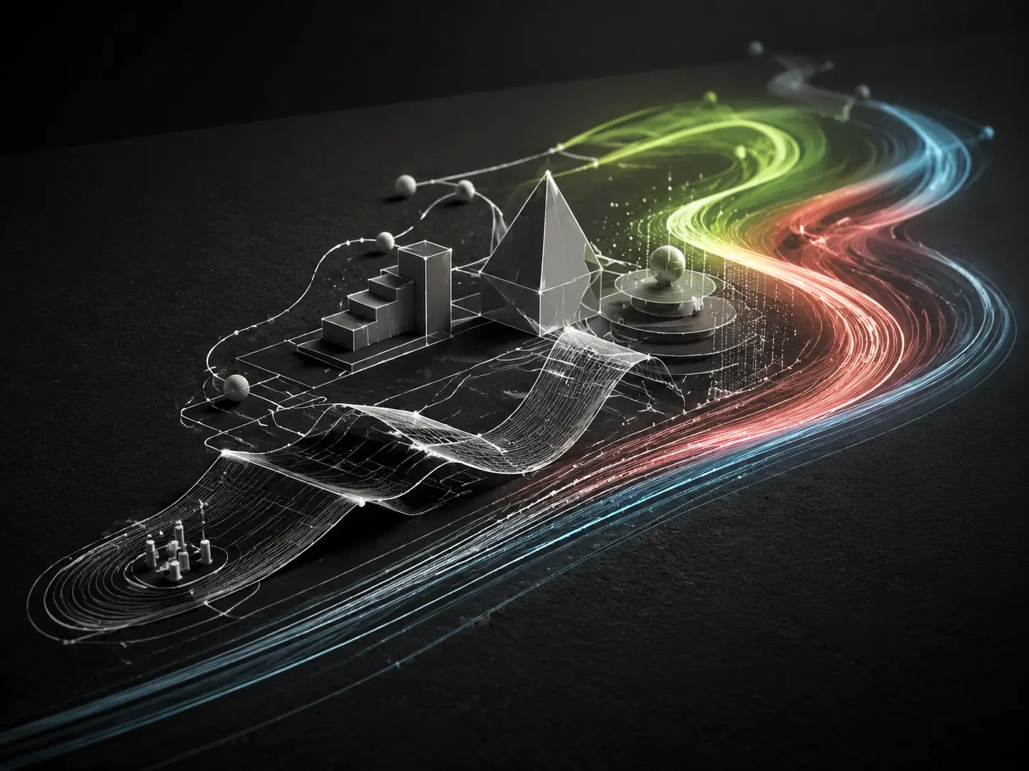 White drawn lines rising from a dark surface into colorful dimensional forms